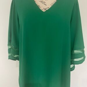 Amaryllis Emerald Green V-Neck Blouse with Sheer Layered Bell Sleeves